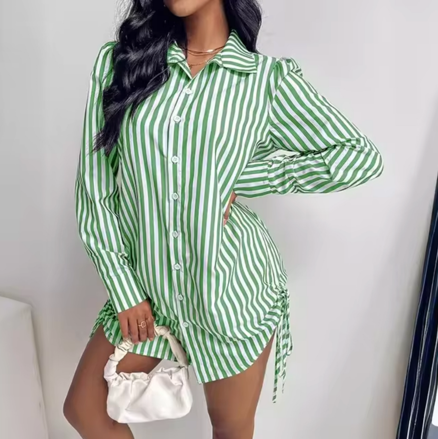 Maelis Women's Striped Shirt Dress with Adjustable Drawstring Waist
