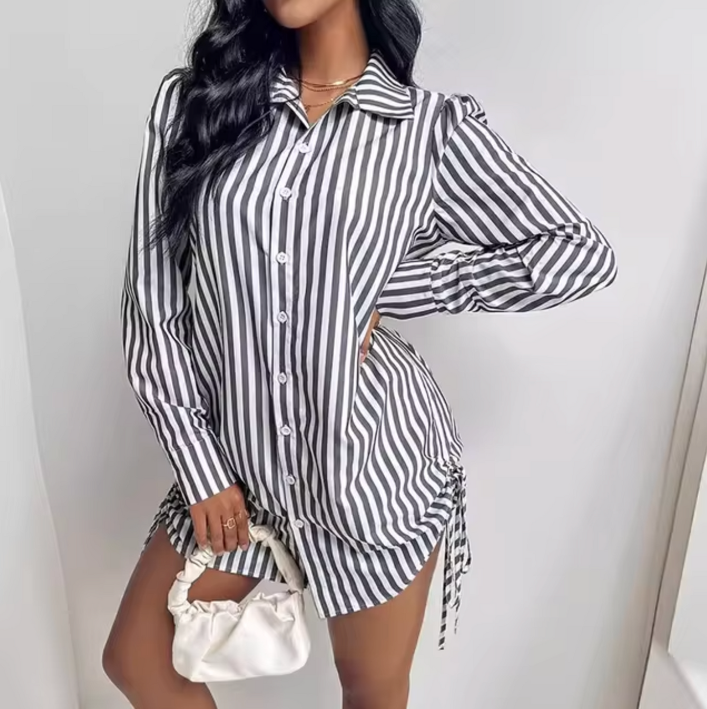 Maelis Women's Striped Shirt Dress with Adjustable Drawstring Waist