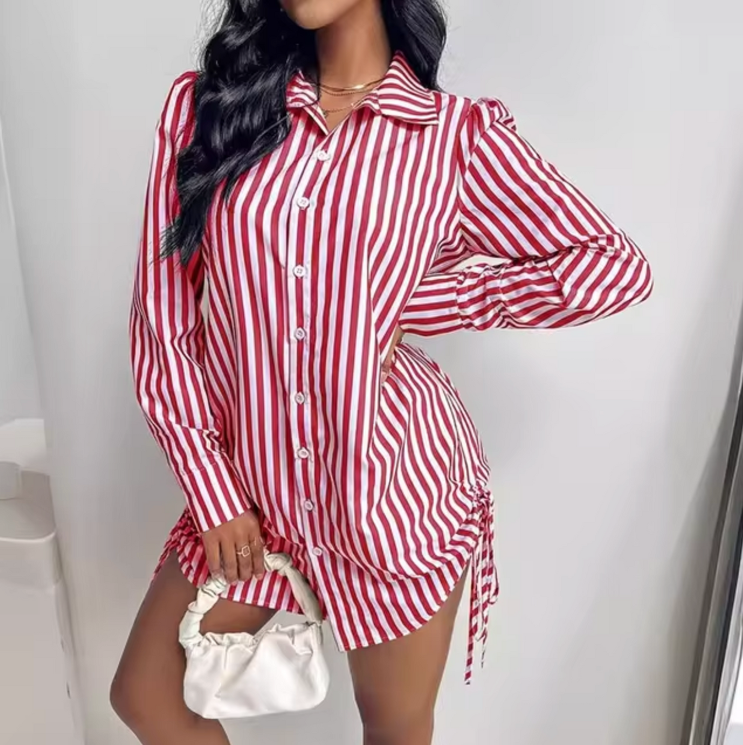 Maelis Women's Striped Shirt Dress with Adjustable Drawstring Waist