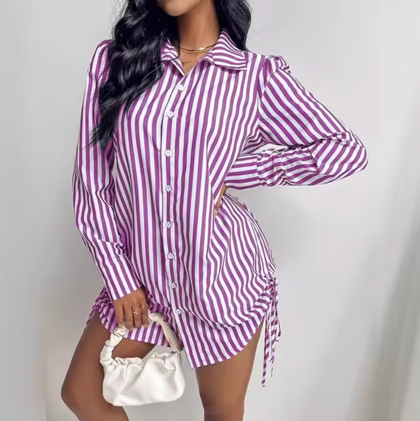Maelis Women's Striped Shirt Dress with Adjustable Drawstring Waist