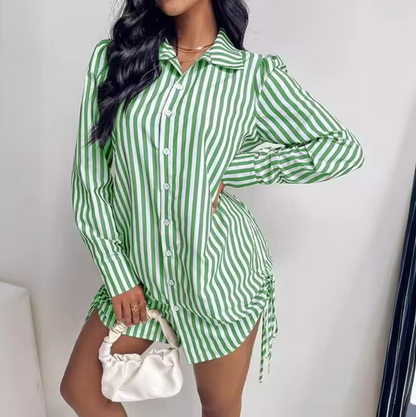 Maelis Women's Striped Shirt Dress with Adjustable Drawstring Waist