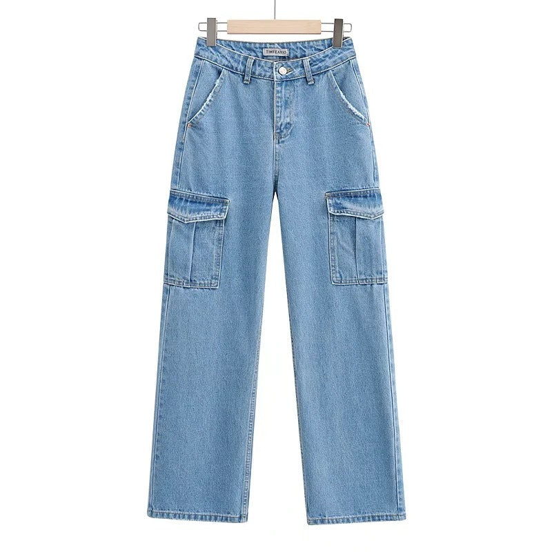 Verwaschene blaue High Waist Wide Leg Jeans für Damen | Lässige Jeanshose mit Taschenverzierung