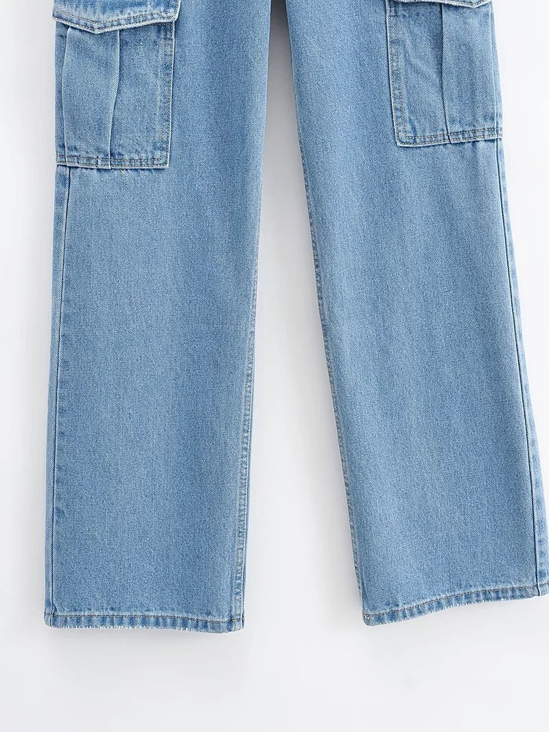 Verwaschene blaue High Waist Wide Leg Jeans für Damen | Lässige Jeanshose mit Taschenverzierung
