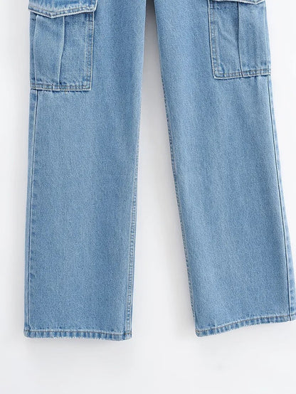 Verwaschene blaue High Waist Wide Leg Jeans für Damen | Lässige Jeanshose mit Taschenverzierung
